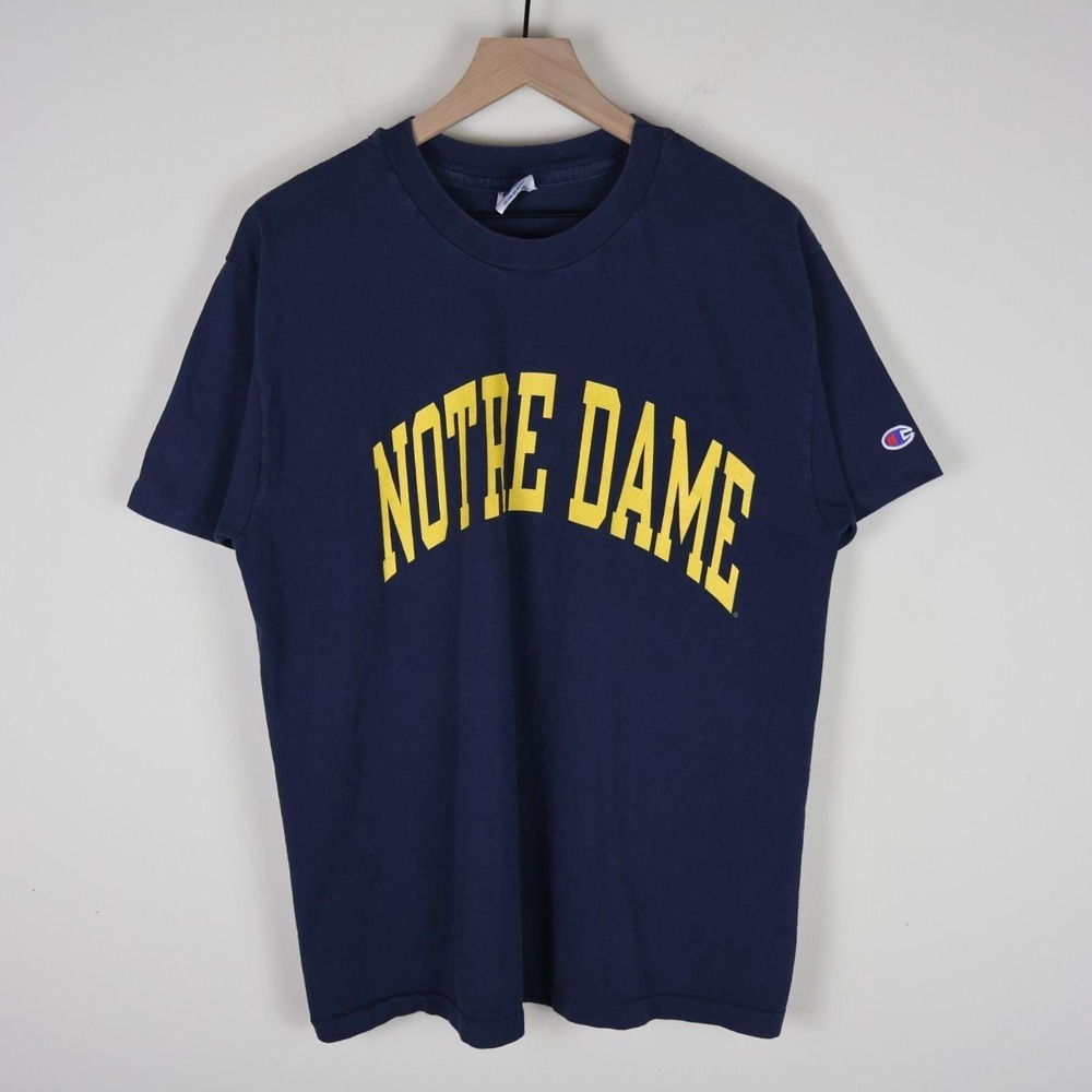 Vintage 90s Notre Dame Champion Shirt Single Stitch Navy‎ Large 21x27.5